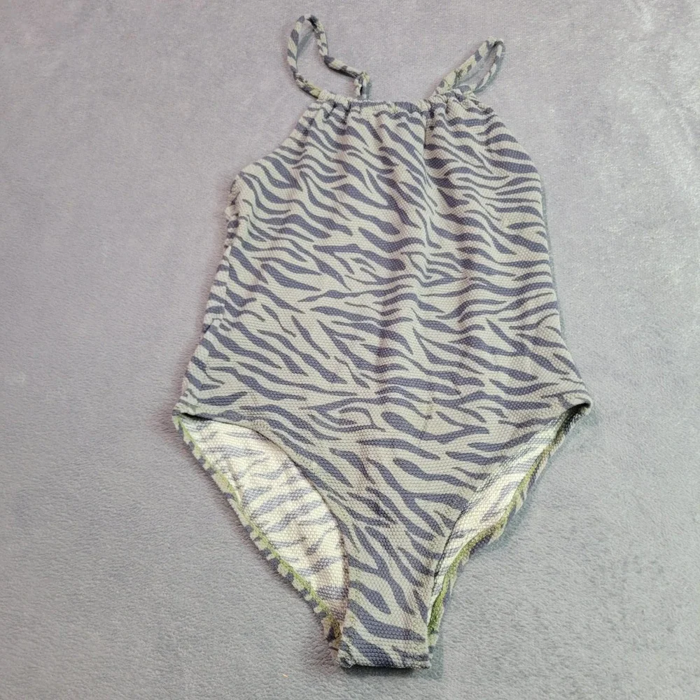 Zara‎ Swimsuit Girls Size 8-9 Grey Green Zebra Animal Print Textured One Piece